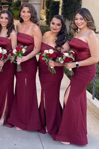 Burgundy Satin Mermaid Strapless Long Bridesmaid Dresses With Slit