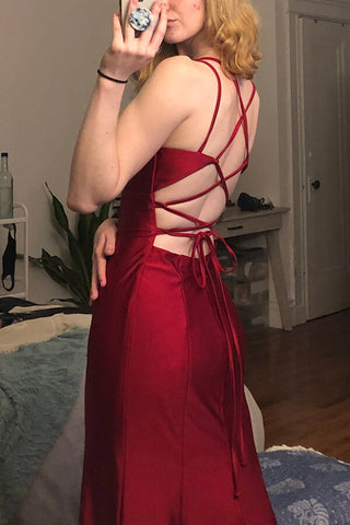 Burgundy Satin Mermaid V-neck Spaghetti Straps Long Prom Dresses