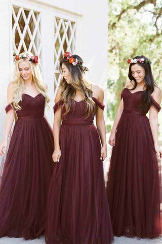 Burgundy Tulle Off-the-Shoulder Floor Length Bridesmaid Dresses