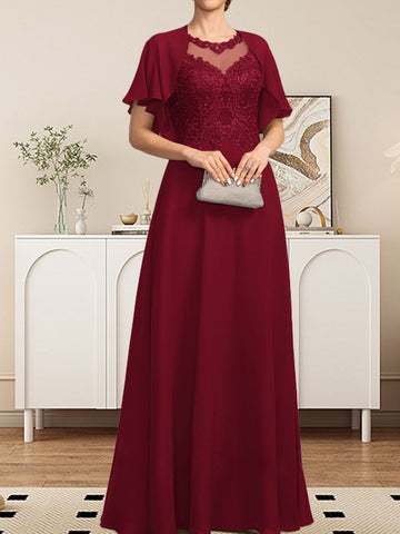 A-line Scoop Illusion Floor-Length Lace Chiffon Mother of the Bride Dress With Sequins