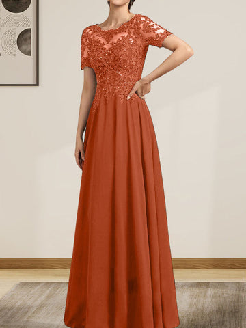 A-line Scoop Illusion Floor-Length Chiffon Lace Mother of the Bride Dress With Sequins Beading
