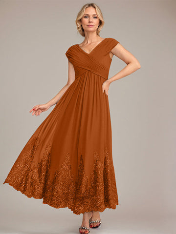 A-line V-Neck Ankle-Length Chiffon Mother of the Bride Dress With Applique Sequins