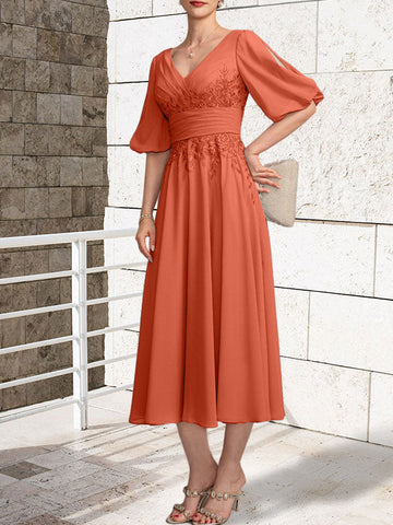 A-line V-Neck Tea-Length Lace Chiffon Mother of the Bride Dress With Pleated