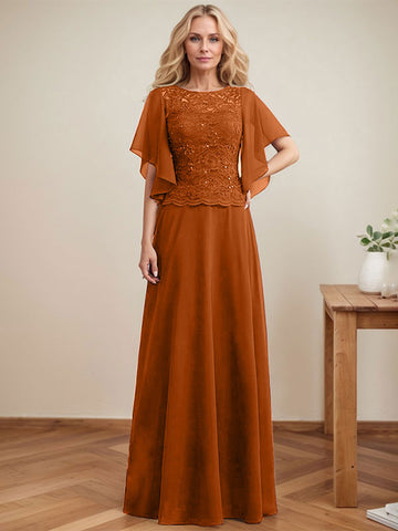 A-line Scoop Illusion Floor-Length Lace Chiffon Mother of the Bride Dress With Sequins