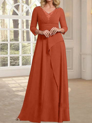 A-line V-Neck Floor-Length Chiffon Mother of the Bride Dress With Pleated Beading
