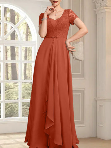 A-line Sweetheart Floor-Length Chiffon Lace Mother of the Bride Dress With Beading Cascading Ruffles