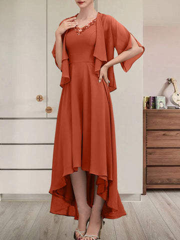 A-line V-Neck Asymmetrical Chiffon Mother of the Bride Dress With Beading Sequins