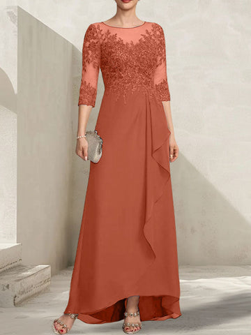 A-line Scoop Illusion Asymmetrical Lace Chiffon Mother of the Bride Dress With Sequins Cascading Ruffles
