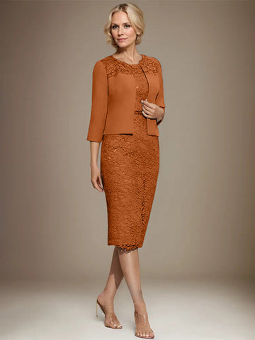 Sheath/Column Scoop Knee-Length Chiffon Lace Mother of the Bride Dress With Beading