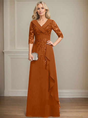 A-line Collared V-Neck Floor-Length Lace Chiffon Mother of the Bride Dress With Sequins Cascading Ruffles