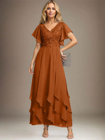 A-line V-Neck Ankle-Length Lace Chiffon Mother of the Bride Dress With Cascading Ruffles