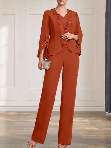 Separates Jumpsuit/Pantsuit V-Neck Floor-Length Chiffon Mother of the Bride Dress