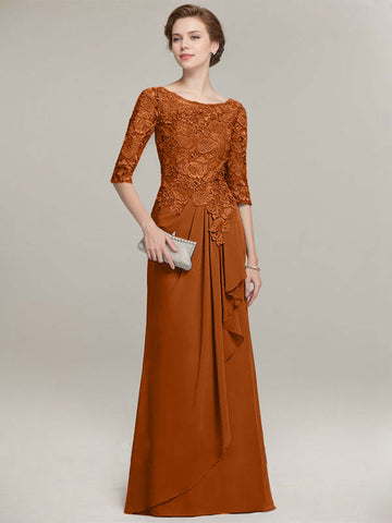 A-line Scoop Illusion Floor-Length Lace Chiffon Mother of the Bride Dress With Cascading Ruffles