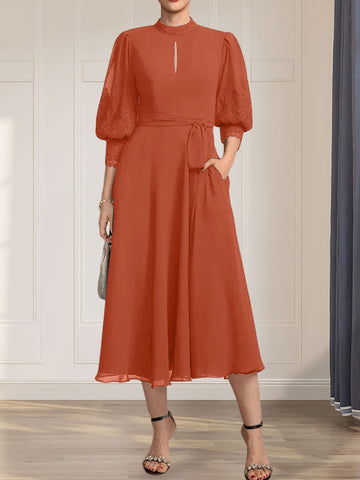 A-line High Neck Tea-Length Lace Chiffon Mother of the Bride Dress With Bow