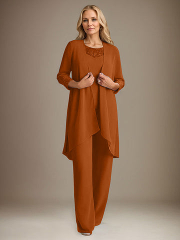 Chiffon Scoop Long Sleeves Mother Of The Bride Pantsuits With Jacket