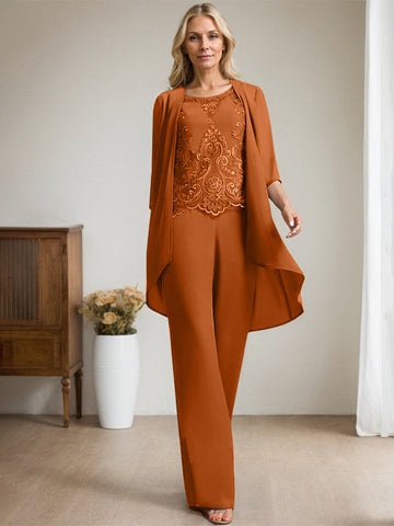 Separates Jumpsuit/Pantsuit Scoop Floor-Length Chiffon Lace Mother of the Bride Dress With Beading Sequins