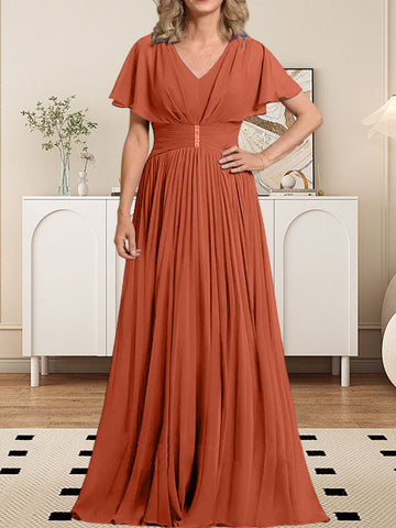 A-line V-Neck Floor-Length Chiffon Mother of the Bride Dress With Crystal Brooch Pleated
