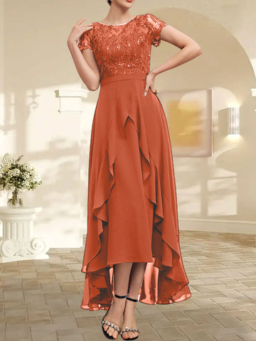 A-line Scoop Illusion Asymmetrical Chiffon Lace Mother of the Bride Dress With Bow Ruffle Sequins