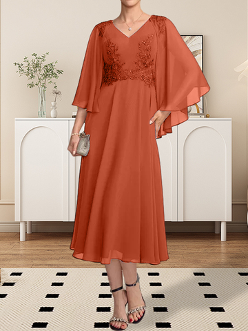 A-line V-Neck Tea-Length Chiffon Lace Mother of the Bride Dress With Beading Sequins