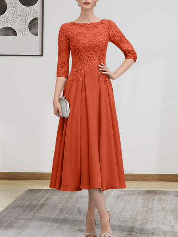 A-line Scoop Illusion Tea-Length Chiffon Lace Mother of the Bride Dress With Beading Sequins