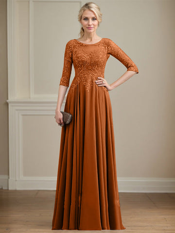 A-line Scoop Illusion Floor-Length Lace Chiffon Mother of the Bride Dress With Sequins