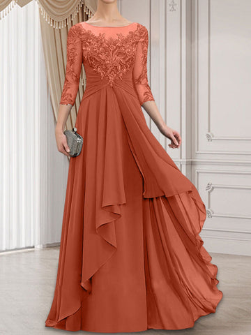 A-line Scoop Illusion Floor-Length Lace Chiffon Mother of the Bride Dress With Cascading Ruffles