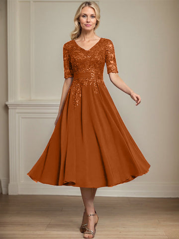 A-line V-Neck Tea-Length Lace Chiffon Mother of the Bride Dress With Sequins