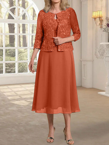 A-line Scoop Tea-Length Lace Chiffon Mother of the Bride Dress With Sequins
