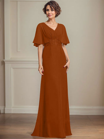 A-line V-Neck Floor-Length Chiffon Mother of the Bride Dress With Pleated Sequins Appliques Lace