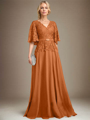 A-line V-Neck Floor-Length Chiffon Lace Mother of the Bride Dress With Crystal Brooch Rhinestone