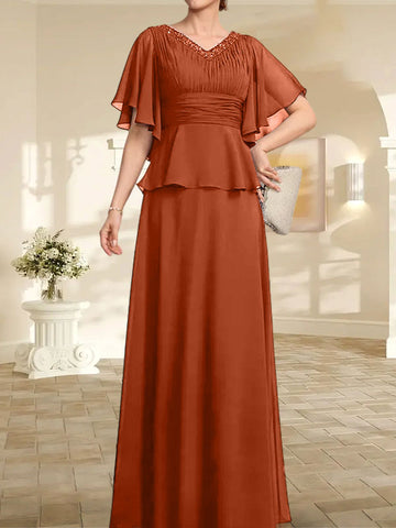 A-line V-Neck Floor-Length Chiffon Mother of the Bride Dress With Pleated Beading