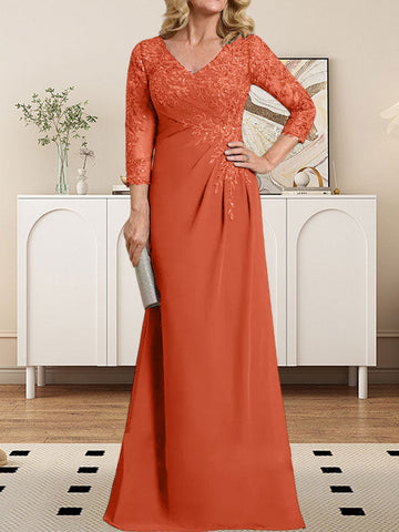 Sheath/Column V-Neck Illusion Floor-Length Lace Chiffon Mother of the Bride Dress With Pleated Sequins