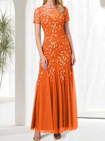 Vestido largo azul de sirena con cuello redondo para la madre de la novia con pedrería