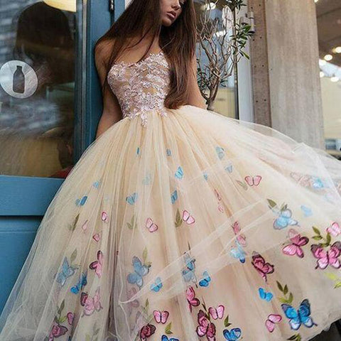 Vestidos de baile de encaje sin tirantes hasta la rodilla con estampado floral de mariposas