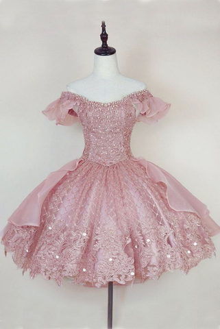 Robe de bal courte princesse rose princesse avec application de dentelle Y2502