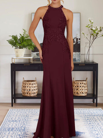 Dusty Blue Sheath Halter Long Mother of Bride Dress With Appliques