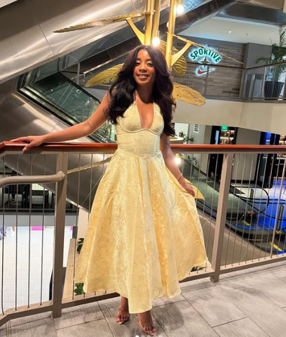 Robe de soirée sexy dos nu à décolleté plongeant en V, jaune satin imprimé, robe de bal Y8249