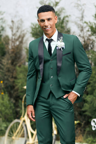 Dark Green Shawl Lapel One Button 3 Pieces Formal Prom Men's Suits