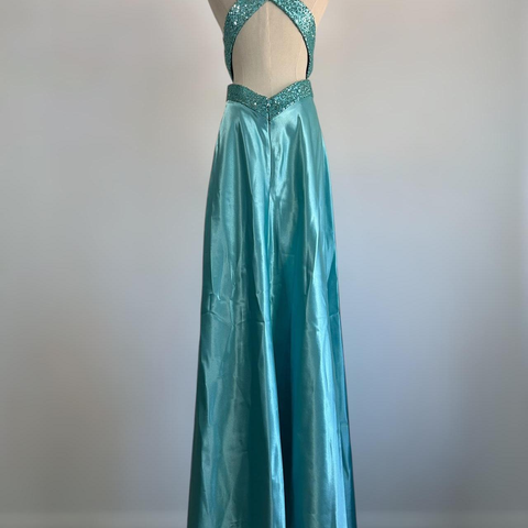 Vestido de fiesta formal azul con escote en V, satén y lentejuelas, sin espalda, modelo Y8548