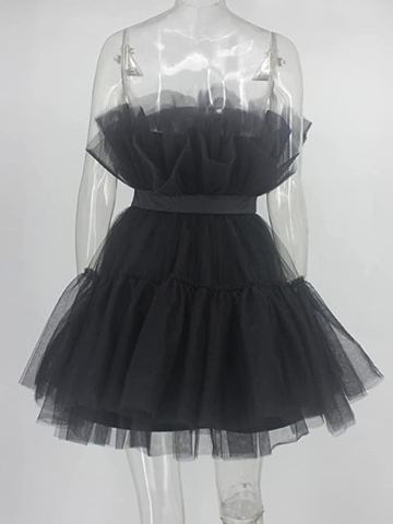Vestido corto de princesa de tul con volantes y malla para mujer, ideal para fiestas, graduaciones, bodas y eventos especiales. Vestido tutú de hada, color negro, modelo Y512.