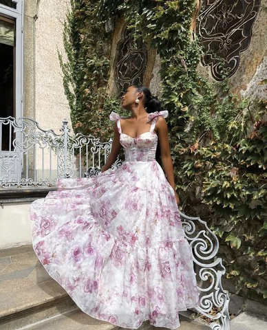 Robe de bal/soirée trapèze en mousseline imprimée de roses, modèle Y8498
