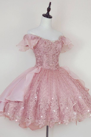 Robe de bal courte princesse rose princesse avec application de dentelle Y2502