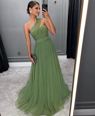 Robe de bal longue verte trapèze en tulle tendance Y5602
