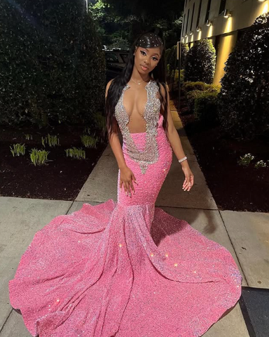 Robe de soirée sirène rose à sequins et perles, modèle Y8016