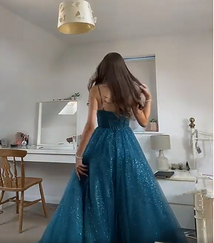 Vestido de fiesta de tul brillante con tirantes finos y corte en A, elegante vestido de noche Y406