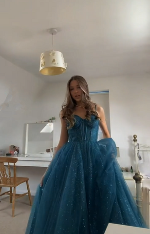 Vestido de fiesta de tul brillante con tirantes finos y corte en A, elegante vestido de noche Y406