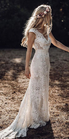 Robe de mariée bohème fourreau à manches courtes en dentelle vintage, style rustique, modèle MW314