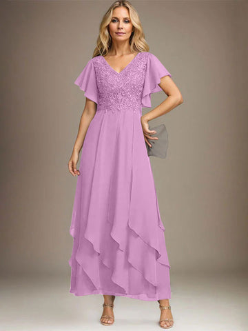 A-line V-Neck Ankle-Length Lace Chiffon Mother of the Bride Dress With Cascading Ruffles