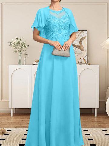 A-line Scoop Illusion Floor-Length Lace Chiffon Mother of the Bride Dress With Sequins