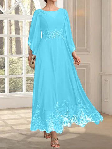 A-line Scoop Illusion Ankle-Length Lace Chiffon Mother of the Bride Dress With Sequins